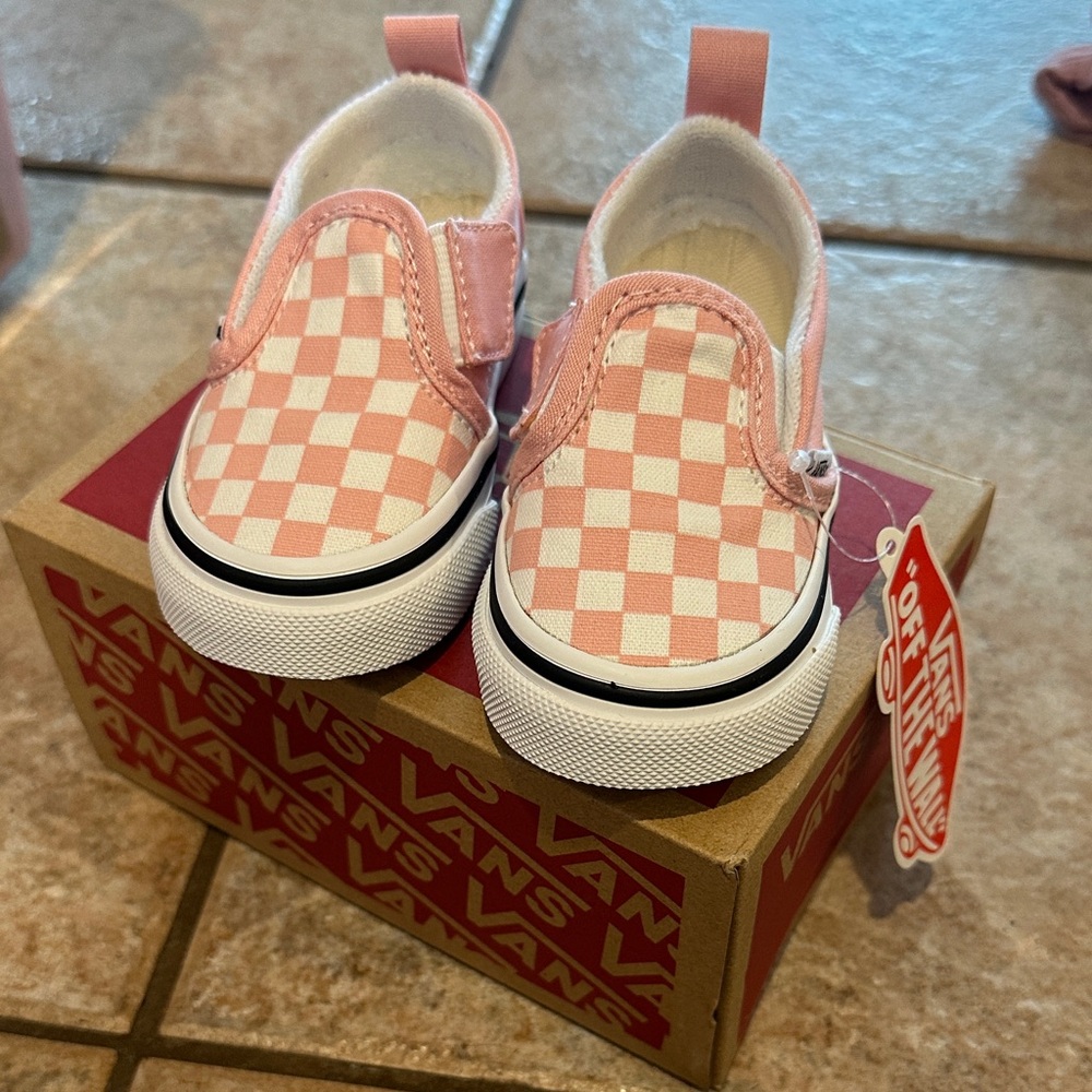 Vans Kids Pink and White Checkered Slip-On Sneakers